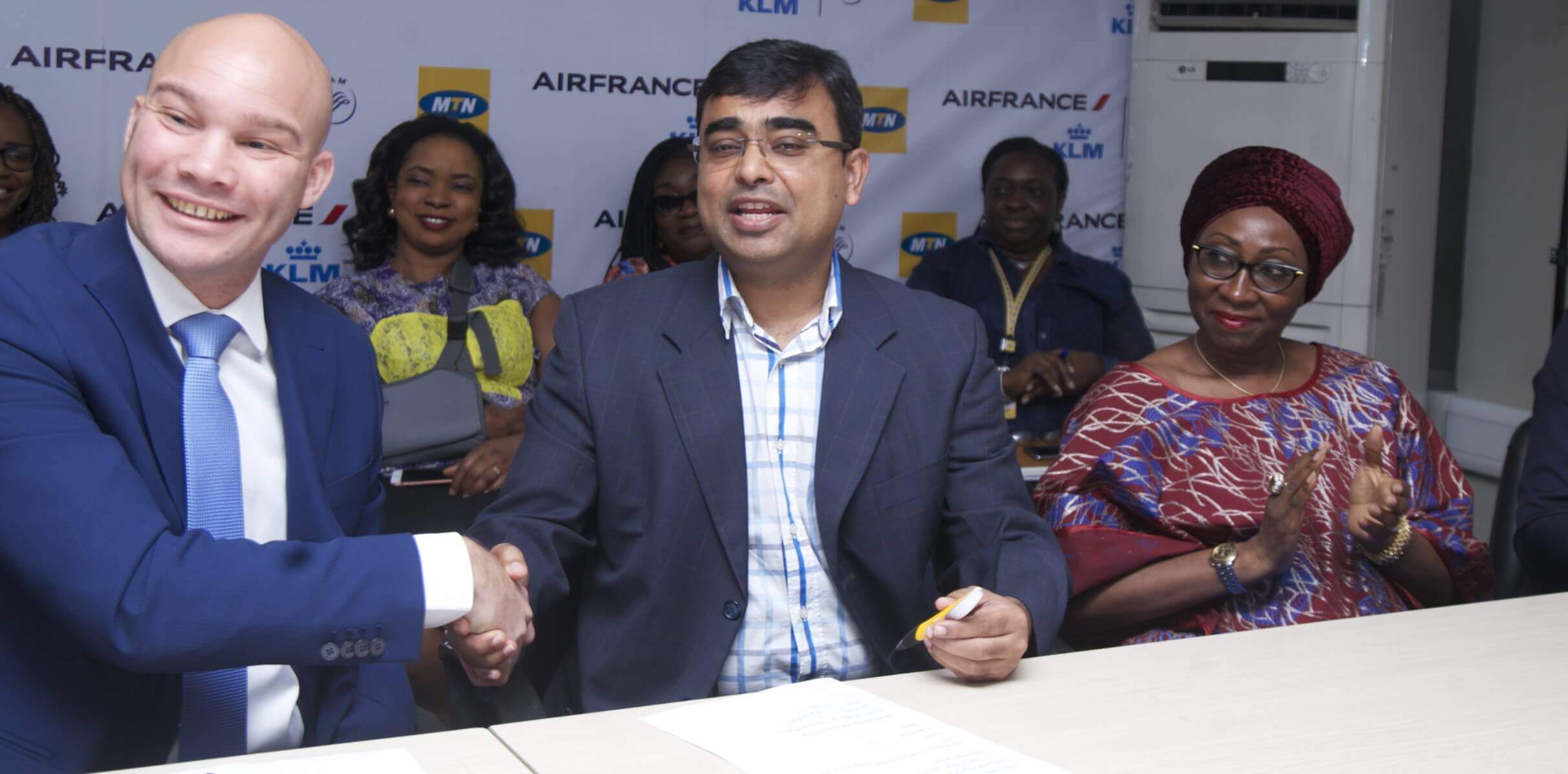 Commercial Director Nigeria and Ghana, Air France KLM, Mr. Arthur Dieffenthaler; Chief Marketing Officer, MTN Nigeria, Mr. Rahul De and Human Resource and Corporate Services Executive, Mrs. Amina Oyagbola at the MTN – Air France KLM partnership announcement in Lagos