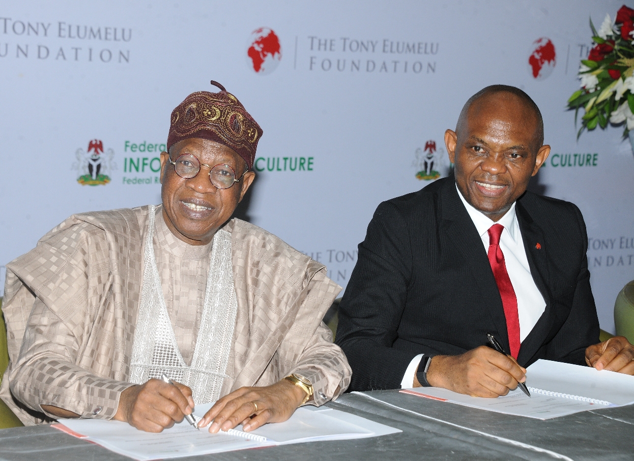 Minister of Information, Culture and Tourism , Alhaji Lai Mohammed and Chairman Heirs Holdings and Founder, The Tony Elumelu Foundation(TEF), Mr. Tony Elumelu, at the signing of Memorandum of Understanding between the Nigerian Ministry of Information, Culture and Tourism and the Tony Elumelu Foundation to develop a framework in support of the Nigerian creative industry, which was held at the National Arts Theater, Lagos on Tuesday