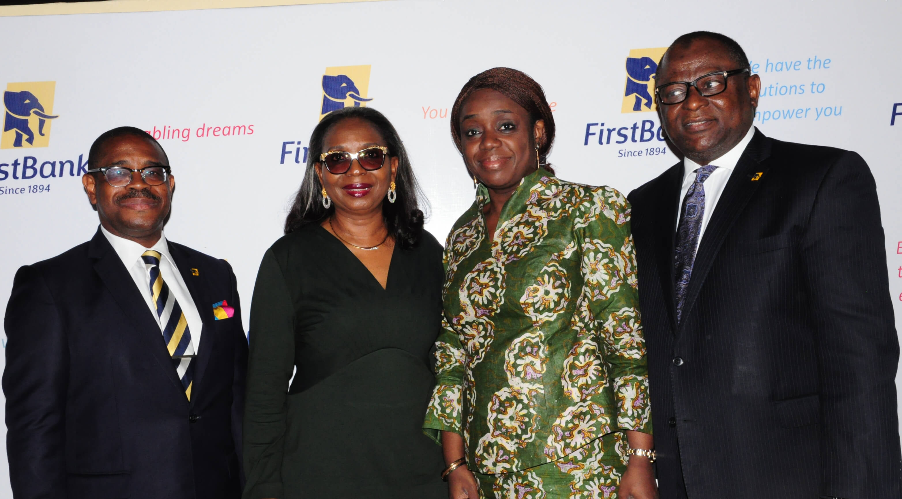 L –R: Deputy Managing Director, FirstBank, Mr. Gbenga Shobo; Chairman, Board of Directors, FirstBank, Mrs. Ibukun Awosika; the Honourable Minister of Finance, Mrs. Kemi Adeosun; and MD/CEO, First Bank of Nigeria Limited and Subsidiaries, Dr. Adesola Adeduntan at the launch of FirstGem, FirstBank’s New Lifestyle Offering for Women.