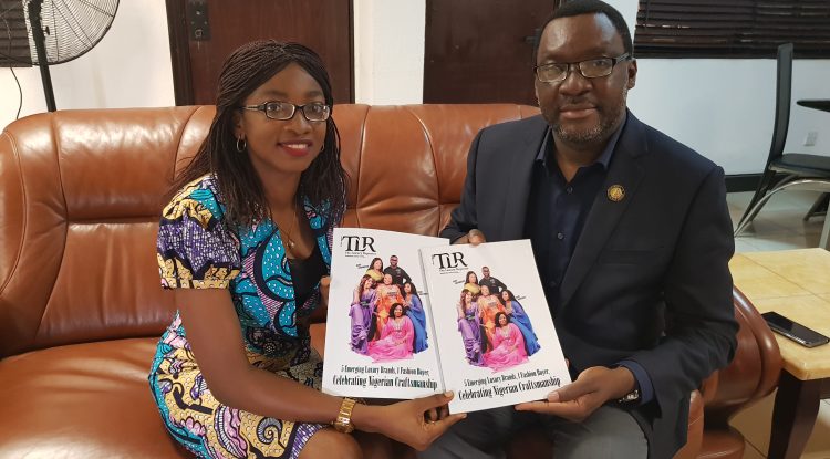 Steve Ayorinde, Lagos Commissioner for Tourism, Arts and Culture with Funke Osae-Brown, Publisher, The Luxury Reporter during the presentation of the magazine to the commissioner in Lagos